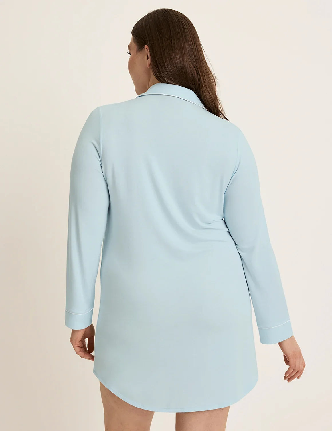 Back view of model wearing the Modal Sleep Dress highlighting the coverage and fit – Blue Light/White – view 8 of 20