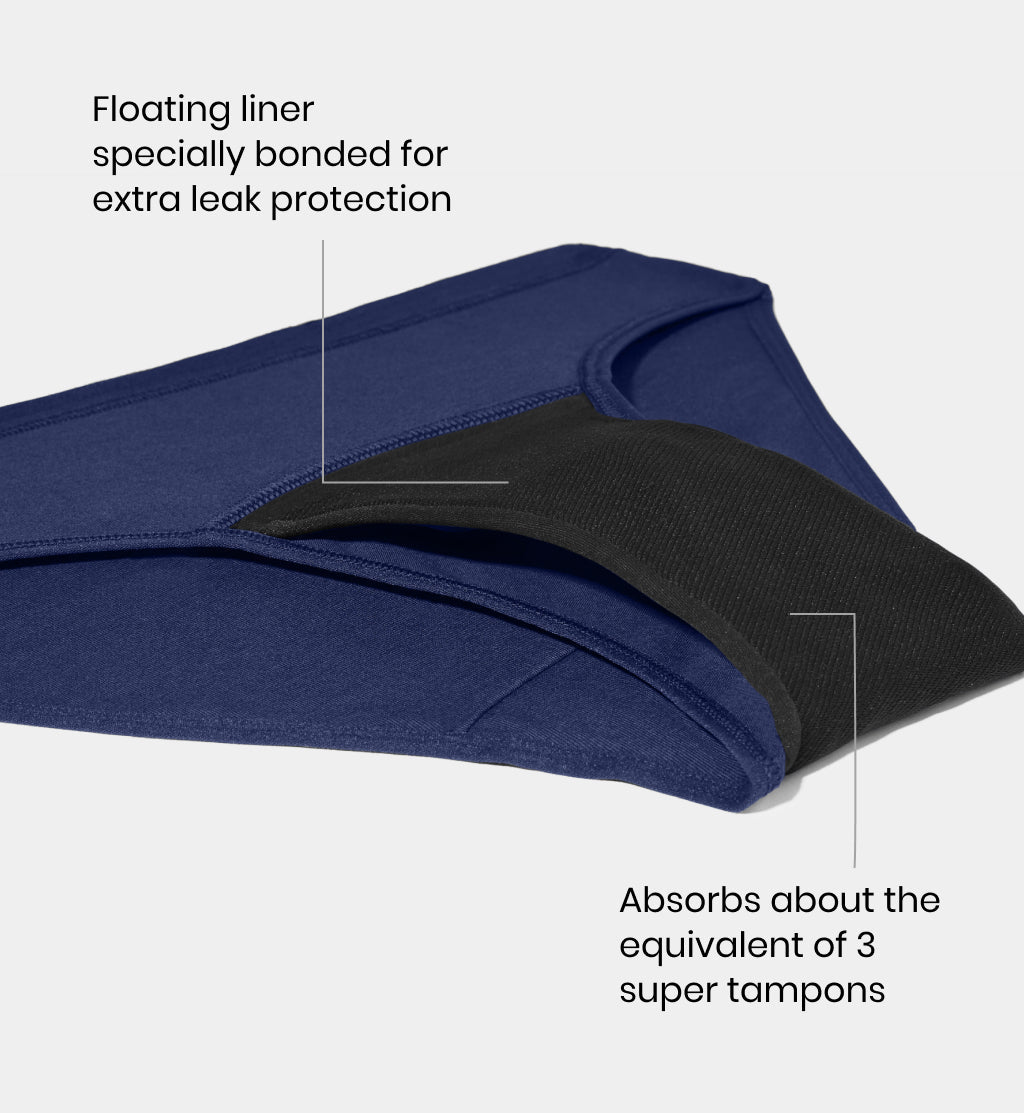 on image text: Floating liner specially bonded for extra leak protection. Absorbs about the equivalent of 3 super tampons – view 10 of 11