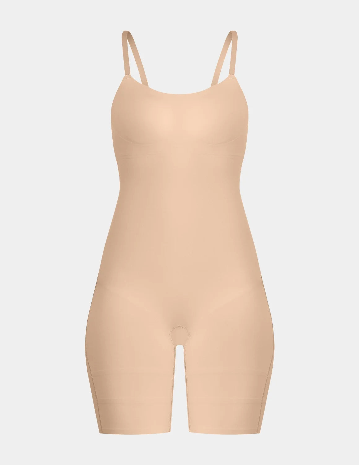 Customizable Shaper Mid-Thigh Bodysuit shown front-facing against a light gray background – Warm Sand – view 5 of 11