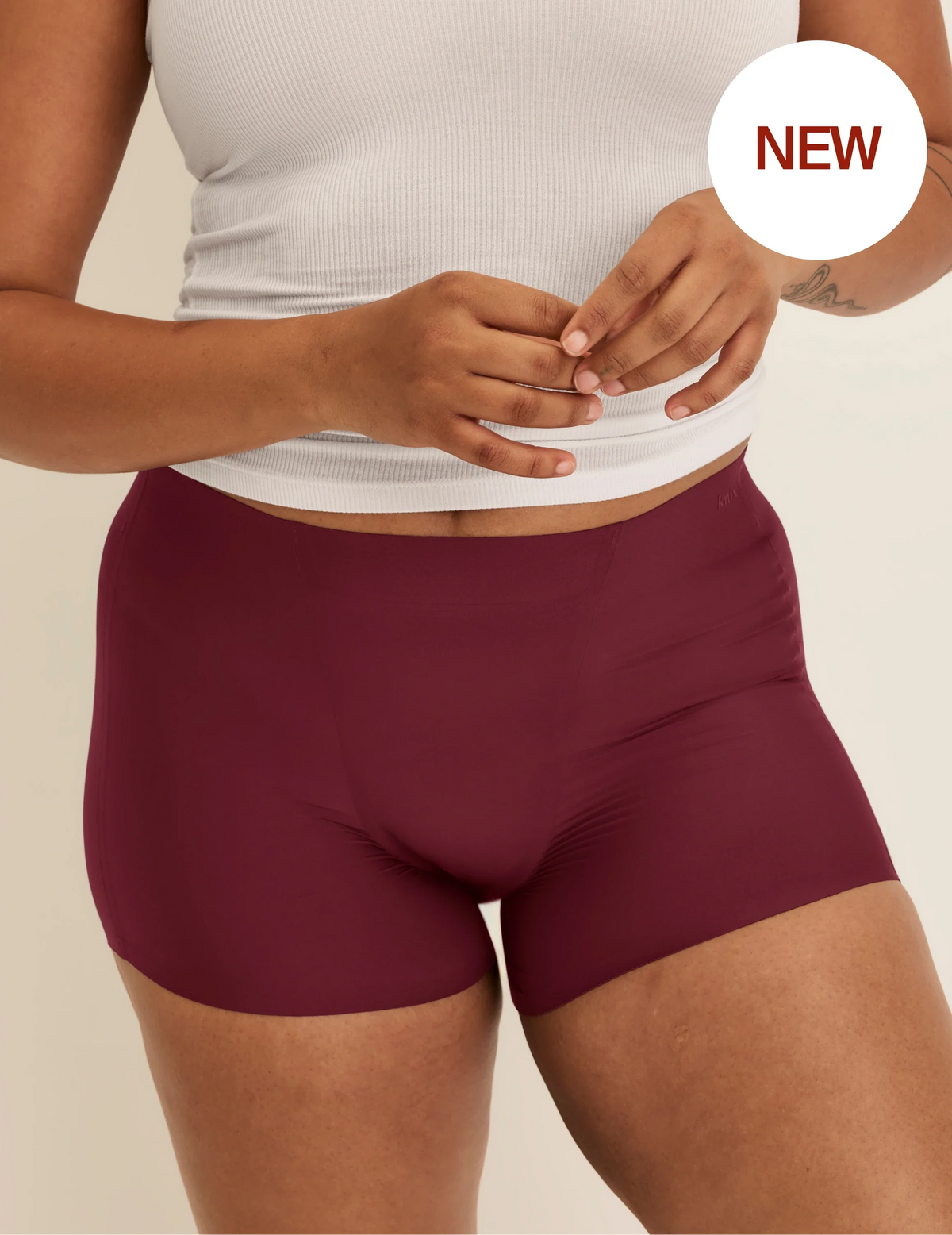 Front view of model wearing the SuperPlus Leakproof® Dream Short highlighting the coverage and smooth fit – Dark Cherry – view 12 of 36
