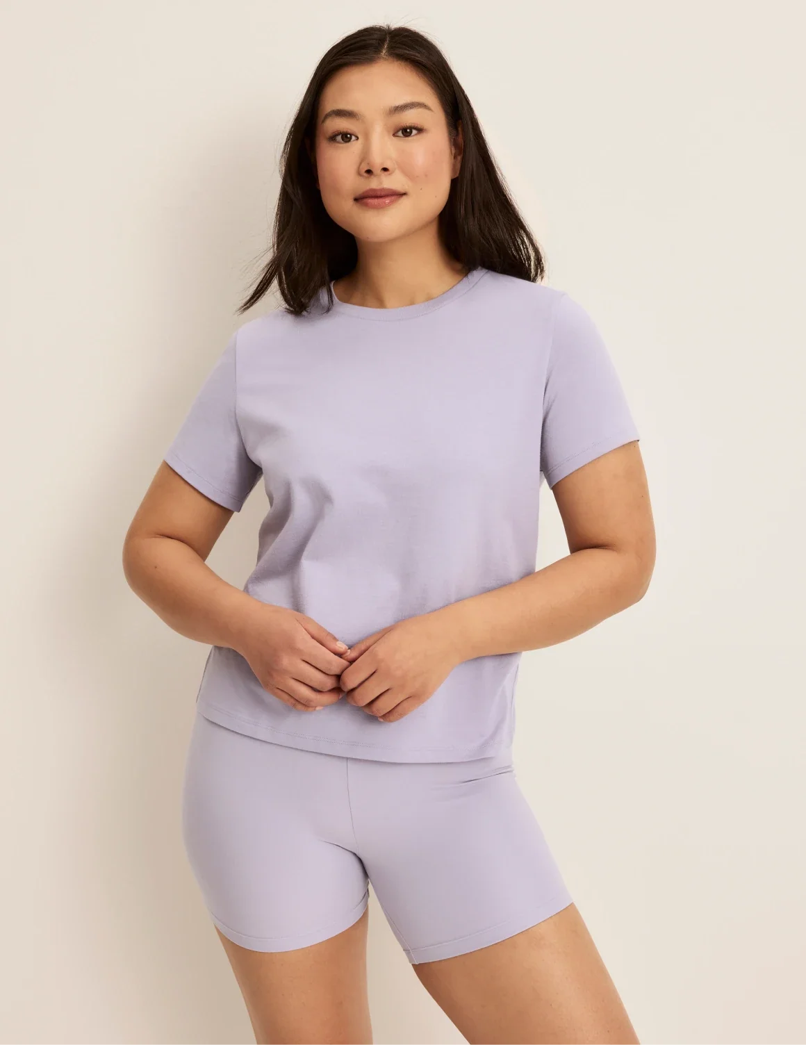 Front view of model wearing the Modal Ultra Soft Shorts highlighting the coverage and fit – Lavender – view 6 of 20