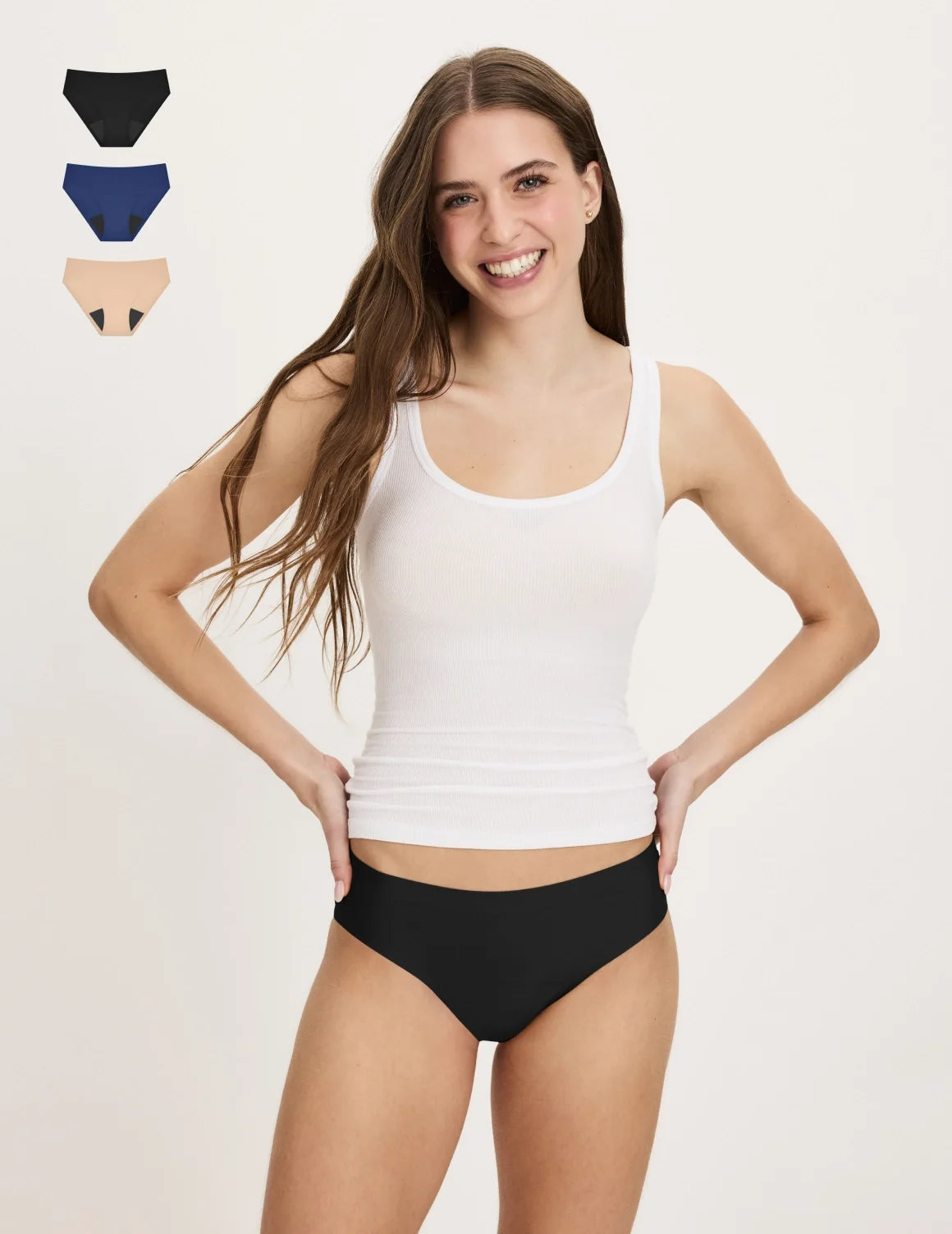 Front view of model wearing the Teen Super Leakproof® No-Show Bikini highlighting the coverage and smooth fit – Night Sky/Beige/Black – view 5 of 29