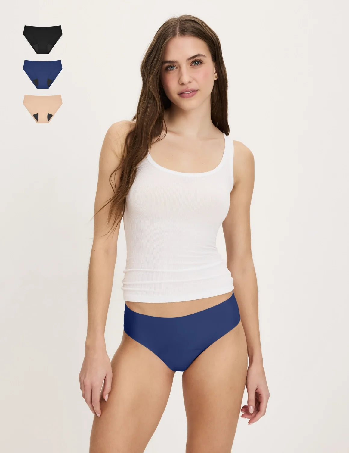 Front view of model wearing the Teen Super Leakproof® No-Show Bikini highlighting the coverage and smooth fit – Night Sky/Beige/Black – view 7 of 29