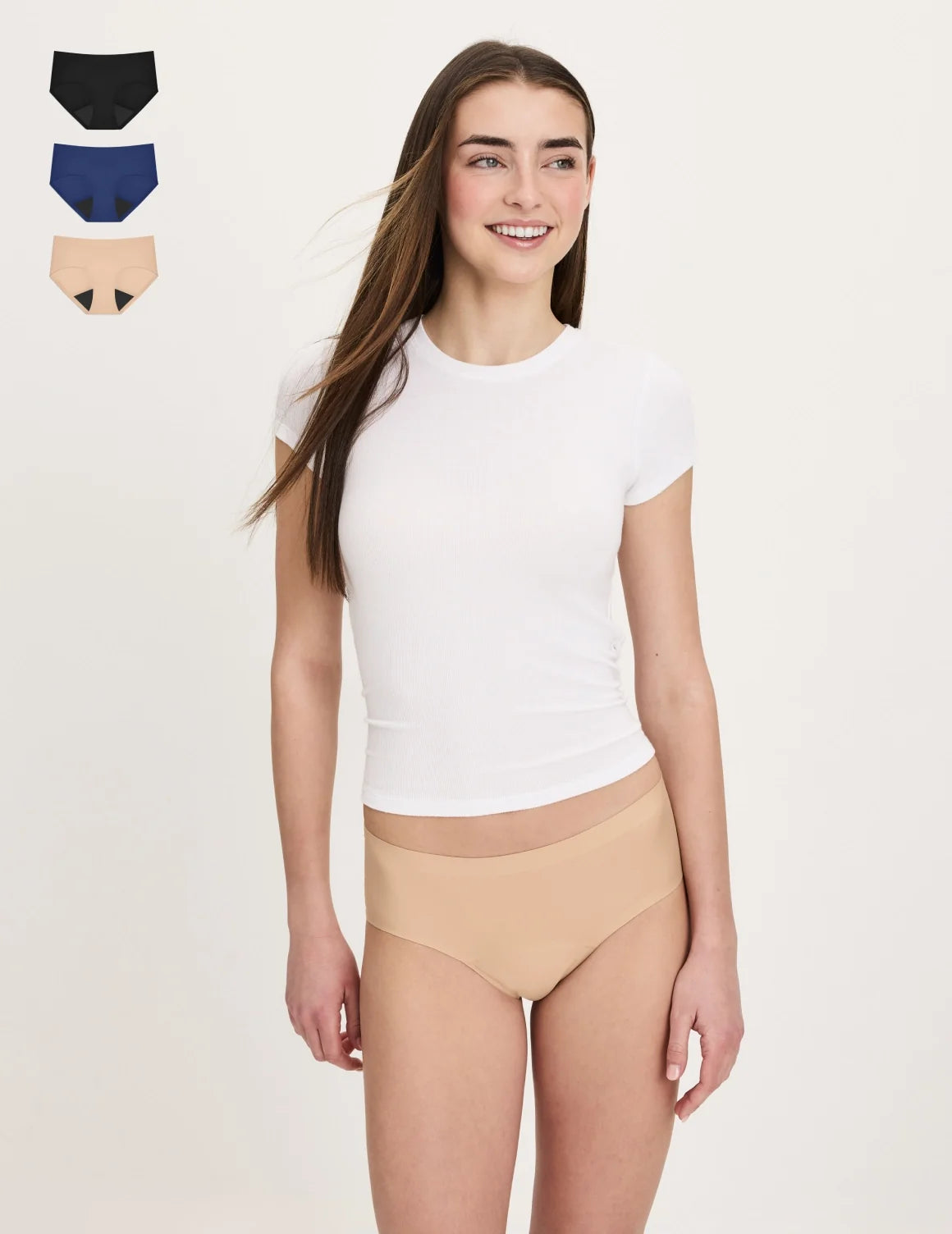 Front view of model wearing the Teen Super Leakproof® No-Show Boyshort highlighting the coverage and smooth fit – Night Sky/Beige/Black – view 8 of 29
