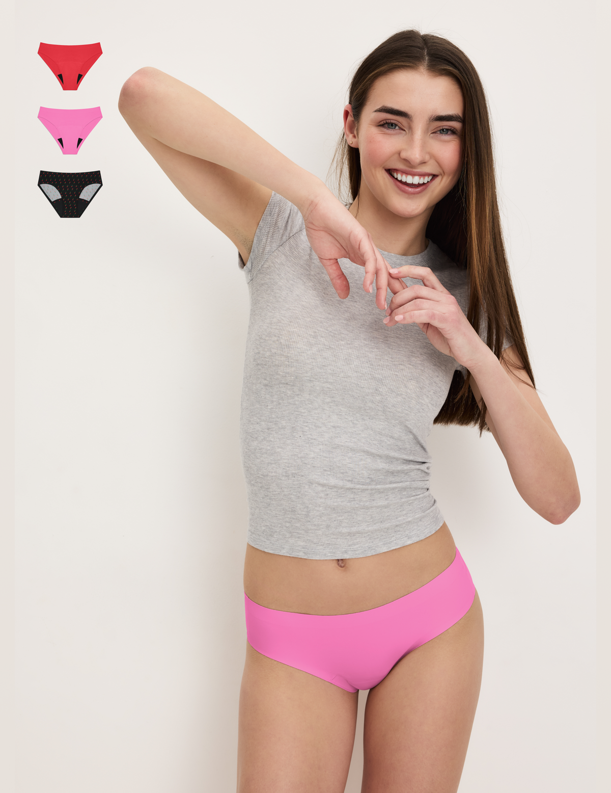 Front view of model wearing the Teen Super Leakproof® No-Show Bikini highlighting the coverage and smooth fit – Red Tulip/Scarlet/Super Pink – view 10 of 29