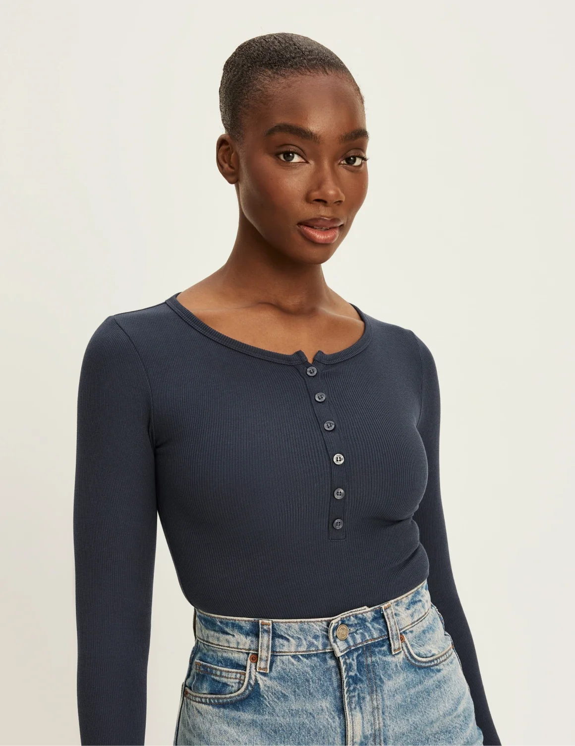 SculptRib™ Cotton Long Sleeve Henley Top – Twilight Navy – view 9 of 10