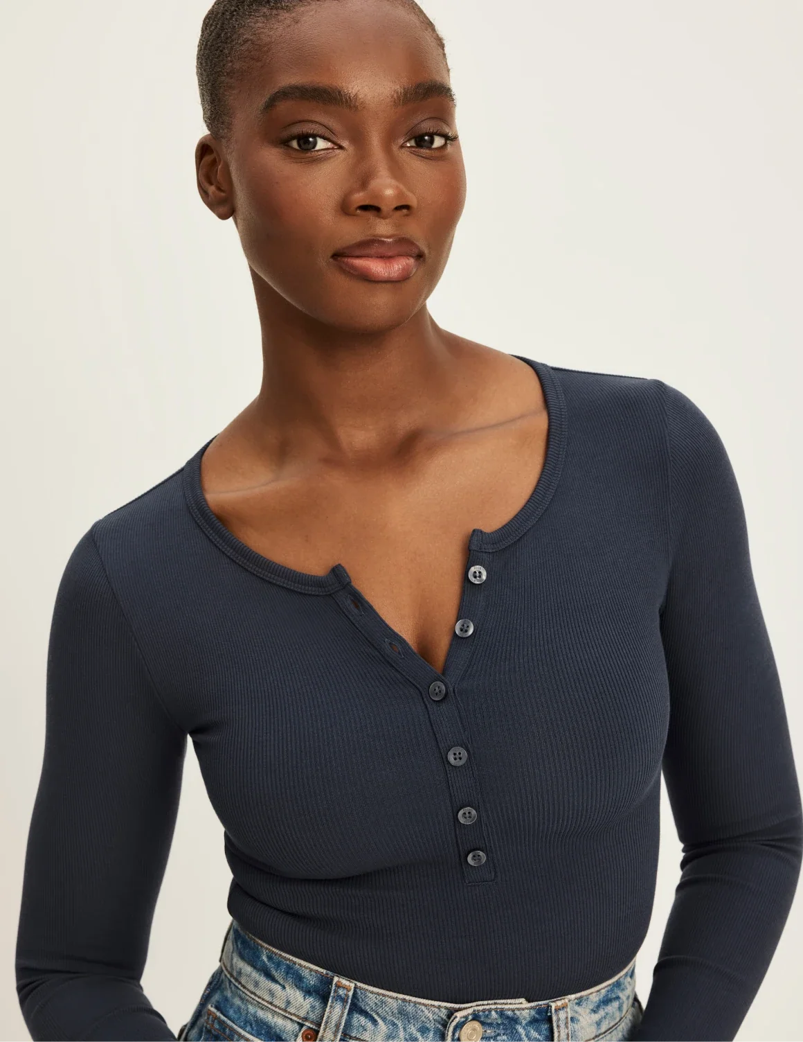SculptRib™ Cotton Long Sleeve Henley Top – Twilight Navy – view 10 of 10