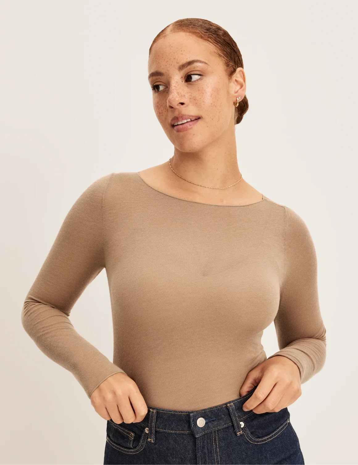 Front view of model wearing the Cashmere Mist Boatneck Top highlighting the neckline and fit – Cashew – view 4 of 17