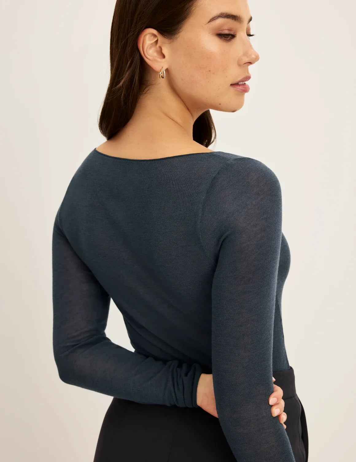 Back view of model wearing the Cashmere Mist Boatneck Top highlighting the neckline and fit – Twilight Navy – view 12 of 17