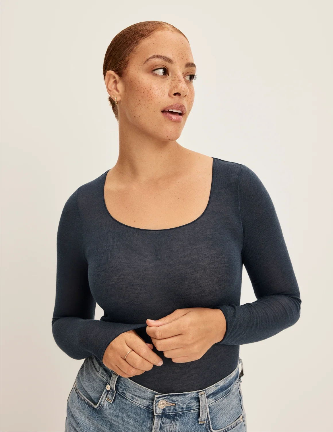 Front view of model wearing the Cashmere Mist Scoop Top highlighting the neckline and fit – Twilight Navy – view 10 of 17
