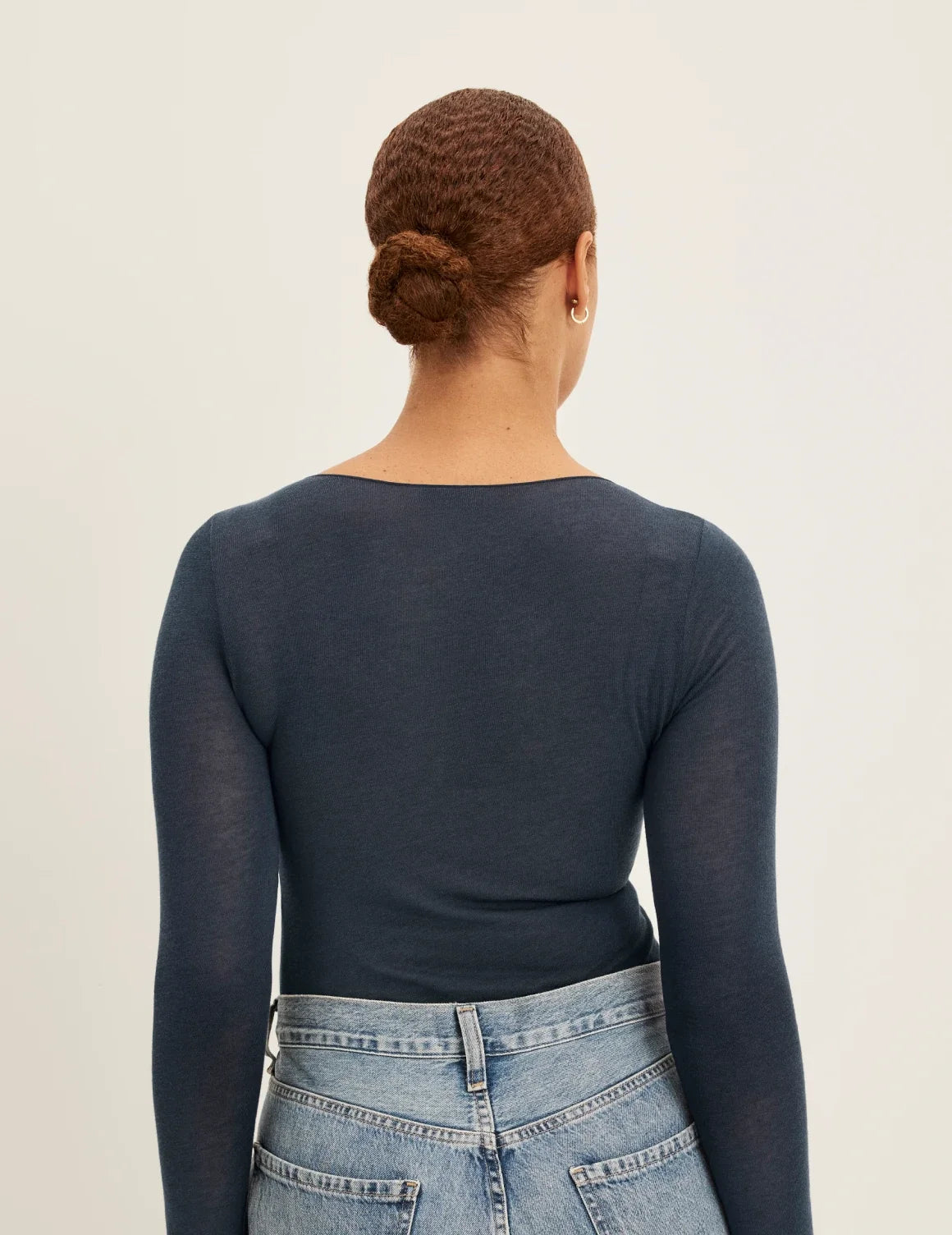 Back view of model wearing the Cashmere Mist Scoop Top highlighting the neckline and fit – Twilight Navy – view 12 of 17