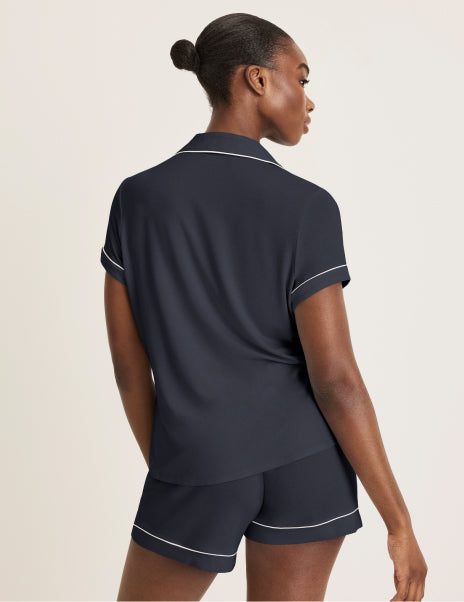 Back view of model wearing the Modal Short Sleeve Sleep Set highlighting the coverage and fit – Twilight Navy/White – view 4 of 27