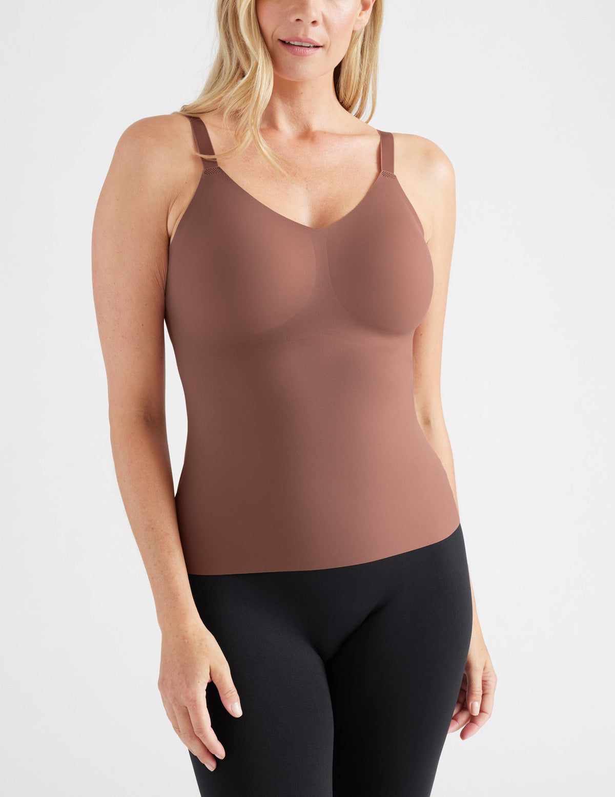 Front view of model wearing the LuxeLift V-Neck Tank, highlighting the neckline, strap design, and silhouette – Sola – view 3 of 20