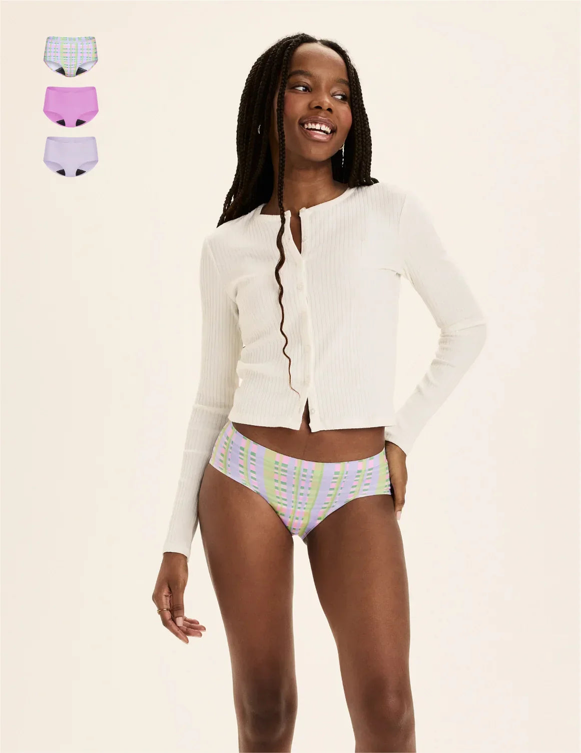 Front view of model wearing the Teen Leakproof UltraThin No-Show Boyshort highlighting the coverage and smooth fit – Picnic Plaid/Cosmo/Ultra Violet – view 5 of 65