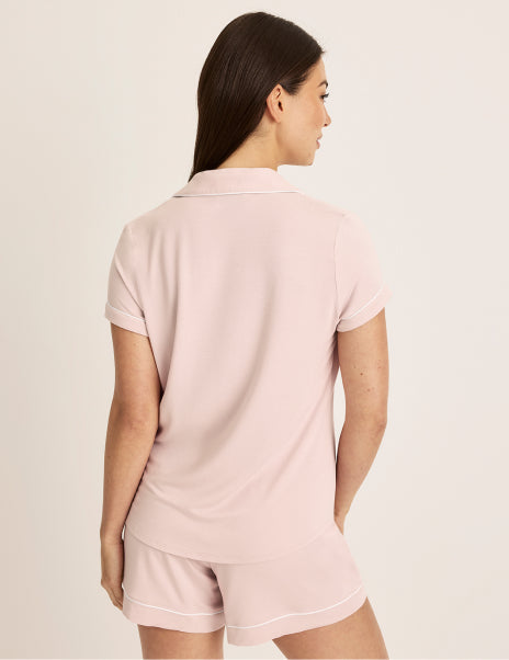 Back view of model wearing the Modal Short Sleeve Sleep Set highlighting the coverage and fit – Hush/White – view 8 of 27