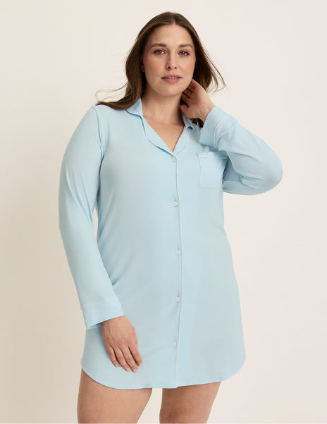 Front view of model wearing the Modal Sleep Dress highlighting the coverage and fit – Blue Light/White – view 5 of 20