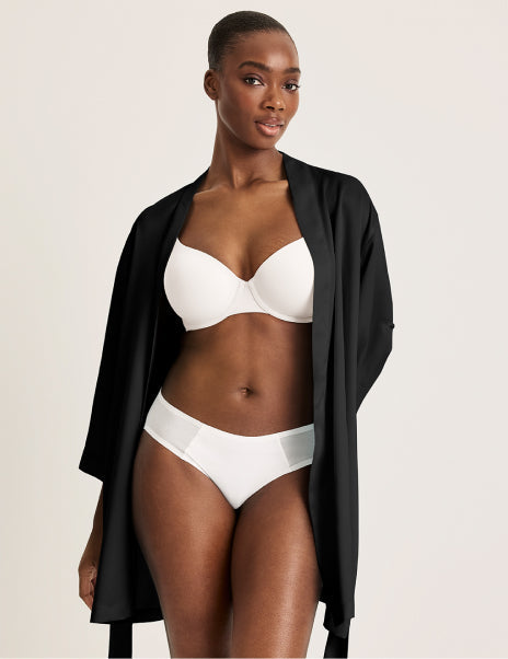 Front view of model wearing the Satin Robe highlighting the coverage and fit – Black – view 3 of 18