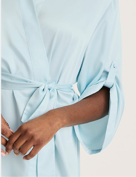 Front view of model wearing the Satin Robe highlighting the coverage and fit – Blue Light – view 8 of 18