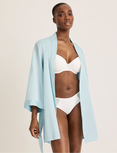 Front view of model wearing the Satin Robe highlighting the coverage and fit – Blue Light – view 7 of 18
