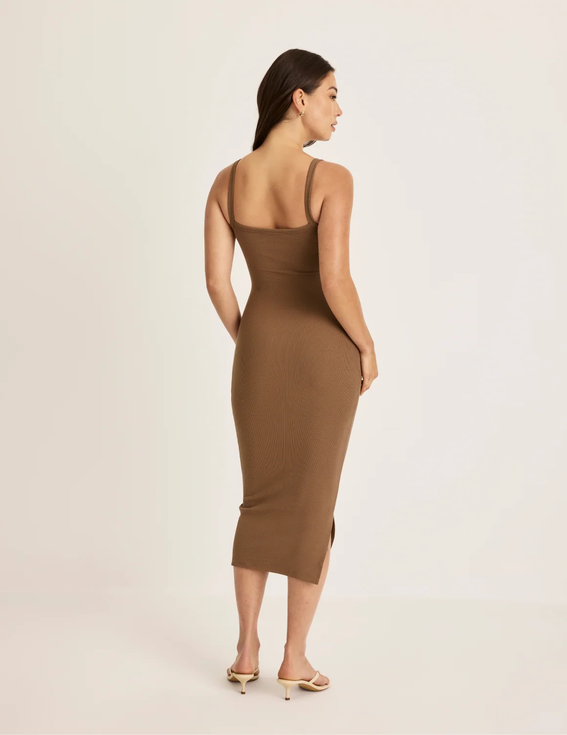 Back view of model wearing the SculptRib™ Cotton Cami Dress highlighting the neckline, fabric and hugging fit – Bark – view 3 of 18