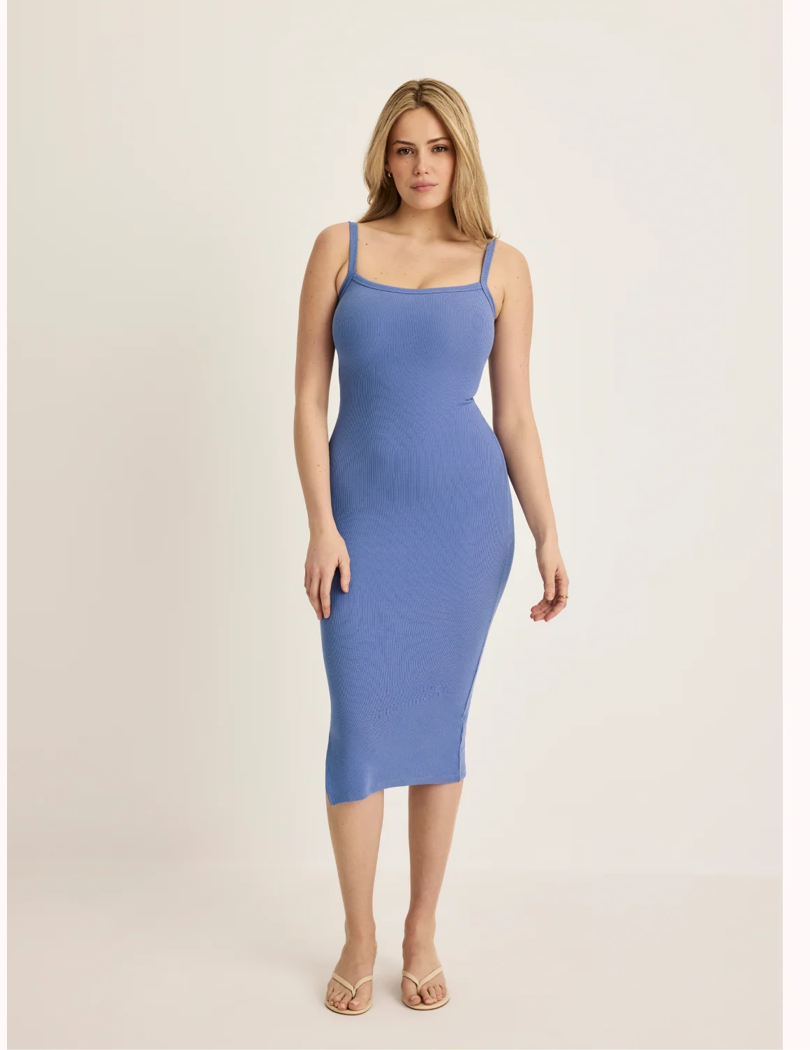 Front view of model wearing the SculptRib™ Cotton Cami Dress highlighting the neckline, fabric and hugging fit – Periwinkle – view 10 of 18