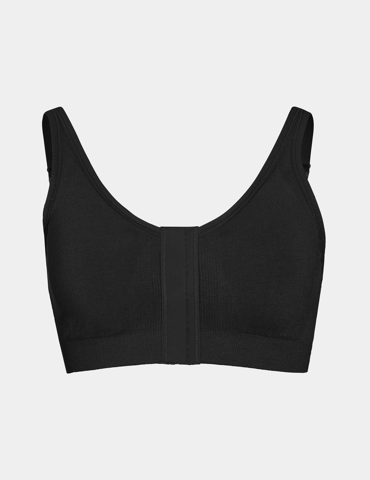 View of Ultra Soft Front Closure Bra shown front-facing against a light gray background – Black – view 3 of 13