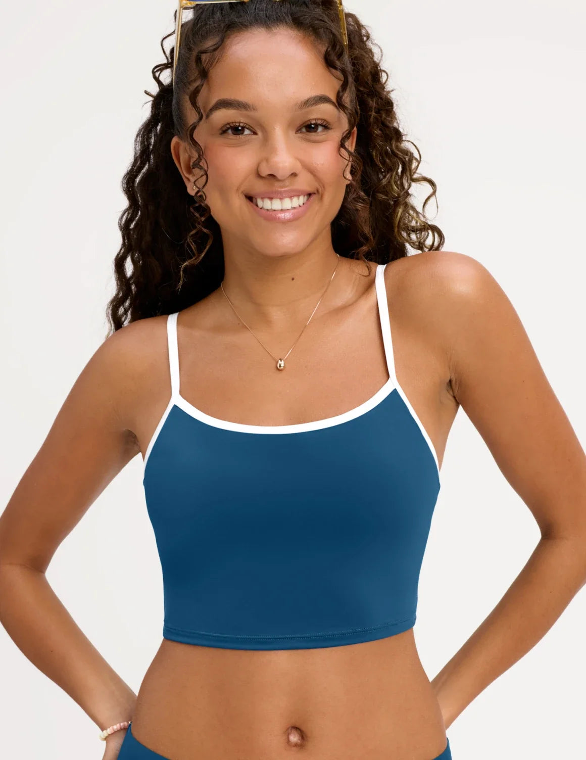 Front view of model wearing the Teen Scoop Tankini Top highlighting the coverage and fit – Blue Coast – view 7 of 16