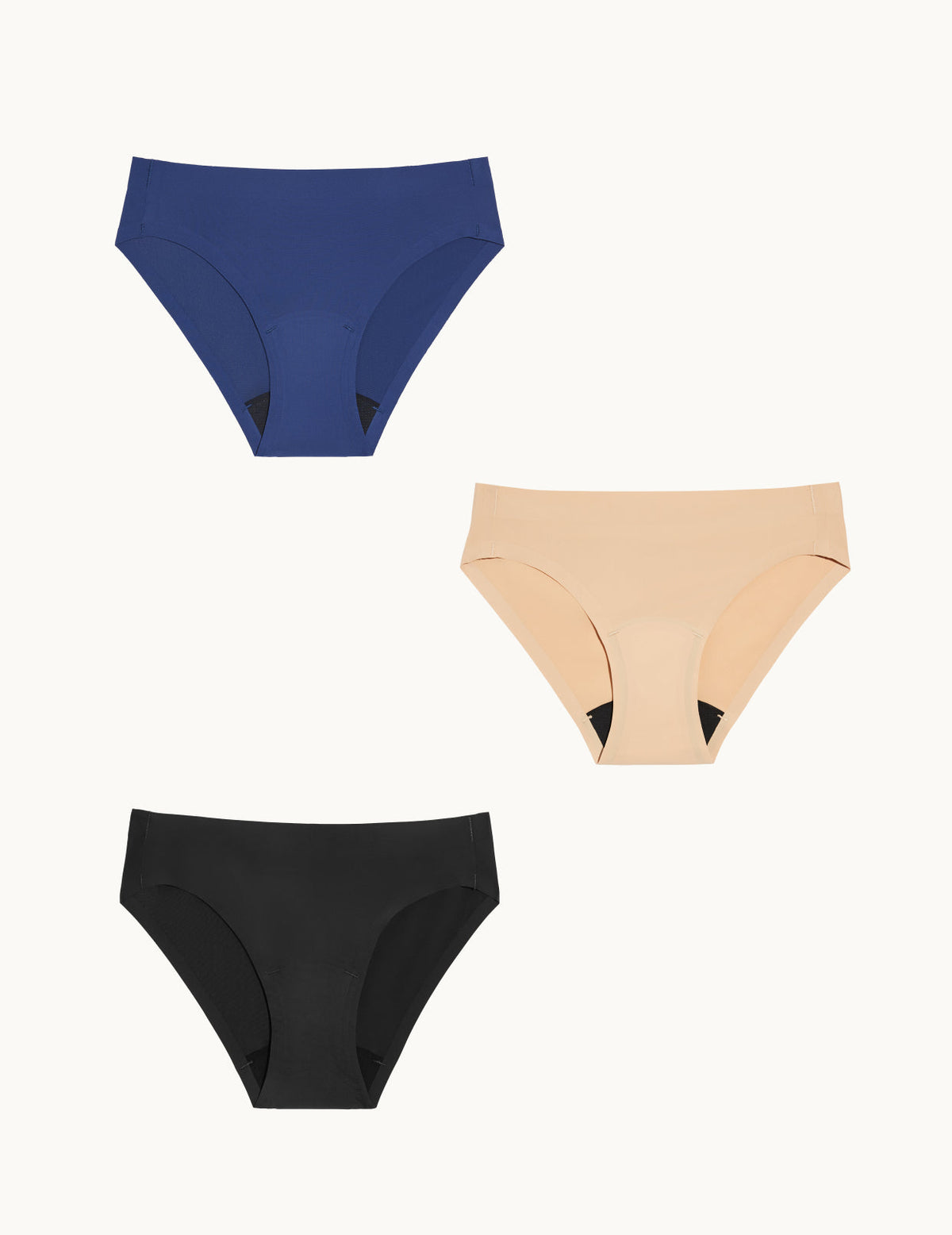 Teen Light Leakproof No-Show Bikini 3-pack shown front-facing against a light gray background – Night Sky/Beige/Black – view 5 of 28