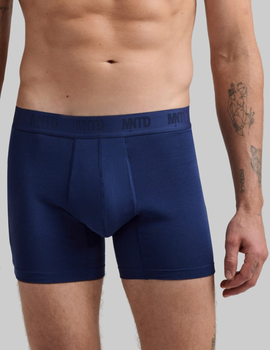 Front view of model wearing the Men's Buffer Cotton Boxer Brief 5" highlighting the coverage and fit – Midnight – view 6 of 16