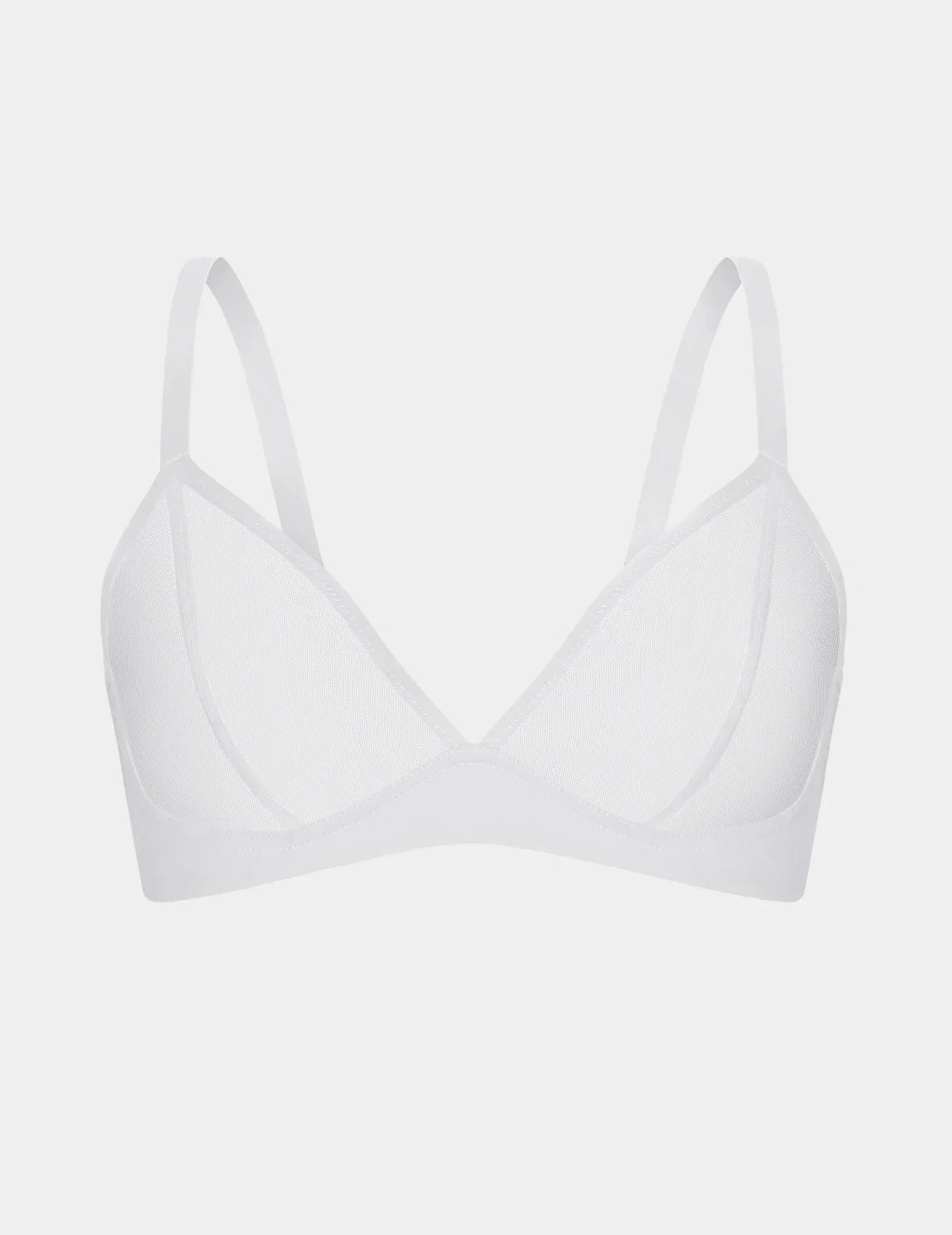 View of Mesh Deep V Bra shown front-facing against a light gray background – White – view 9 of 42
