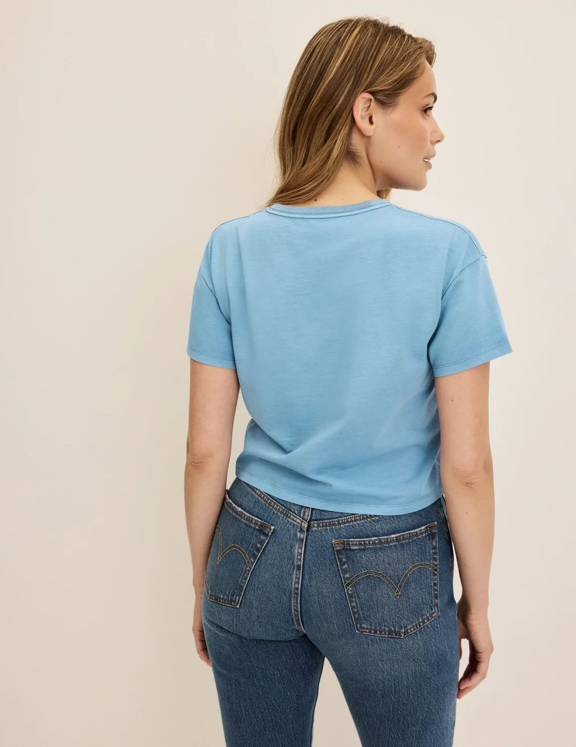 Back view of model wearing the Mineral-Dyed Cotton T-Shirt highlighting the coverage and fit – Washed Blue Mist – view 7 of 18