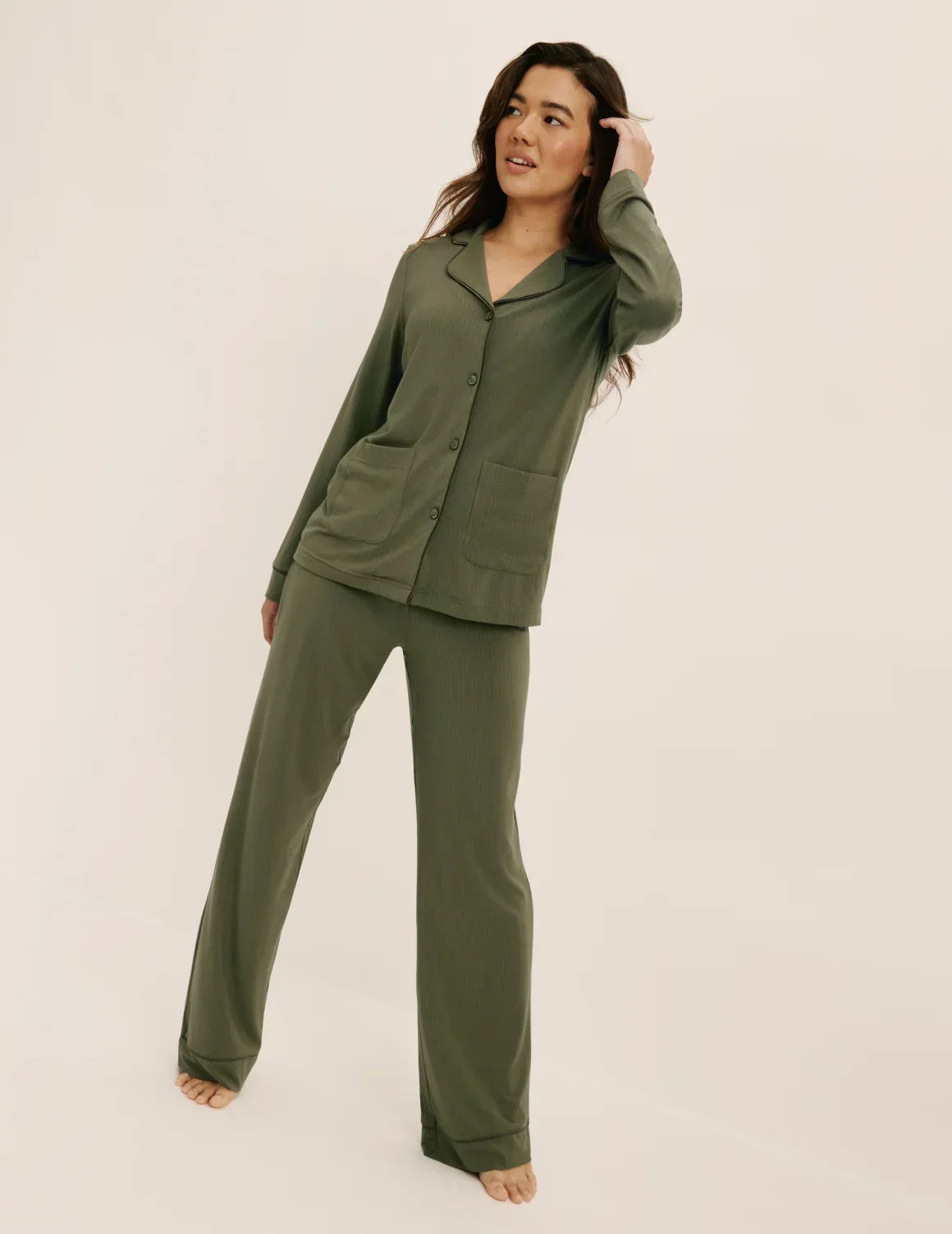 Front view of model wearing The Quintessential Sleep Set highlighting the coverage and fit – Olive – view 4 of 44