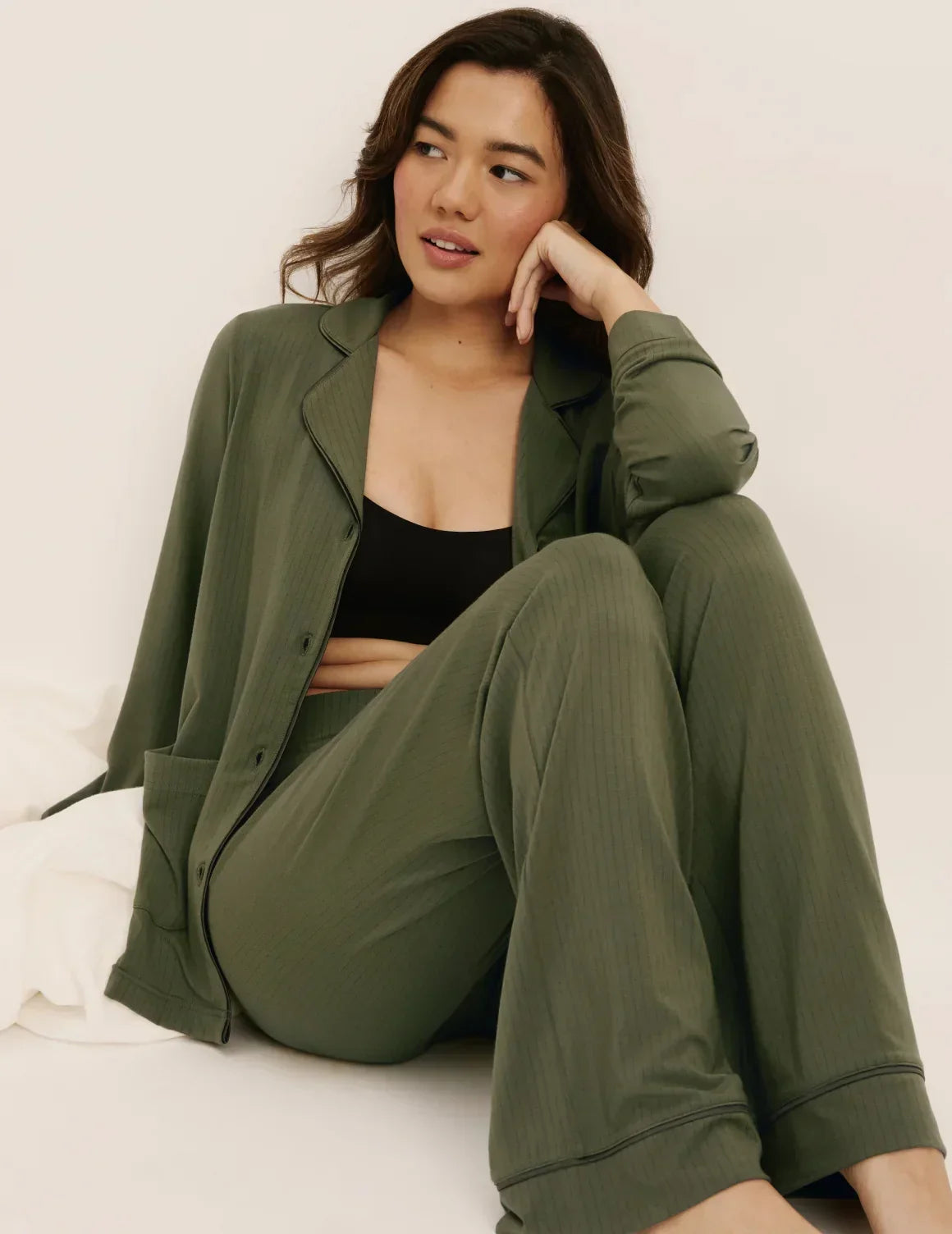 Front view of model wearing The Quintessential Sleep Set highlighting the coverage and fit – Olive – view 10 of 44