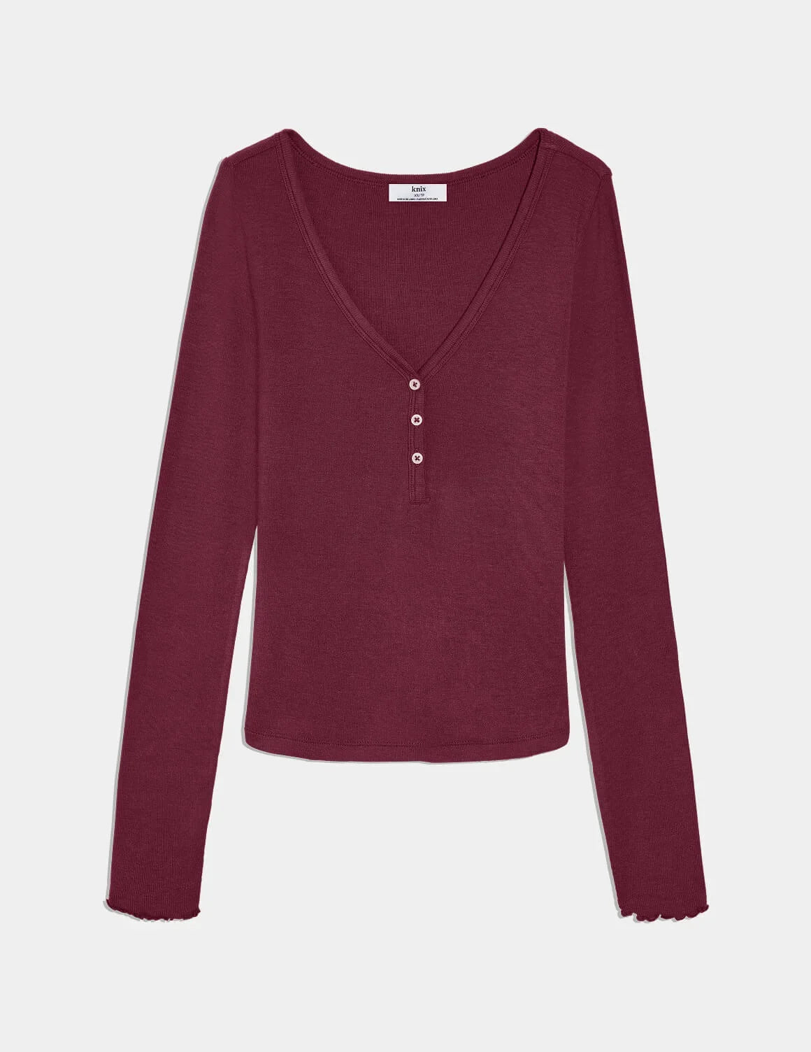 Modal Rib Long Sleeve Henley shown front-facing against a light gray background – Dark Cherry – view 7 of 17
