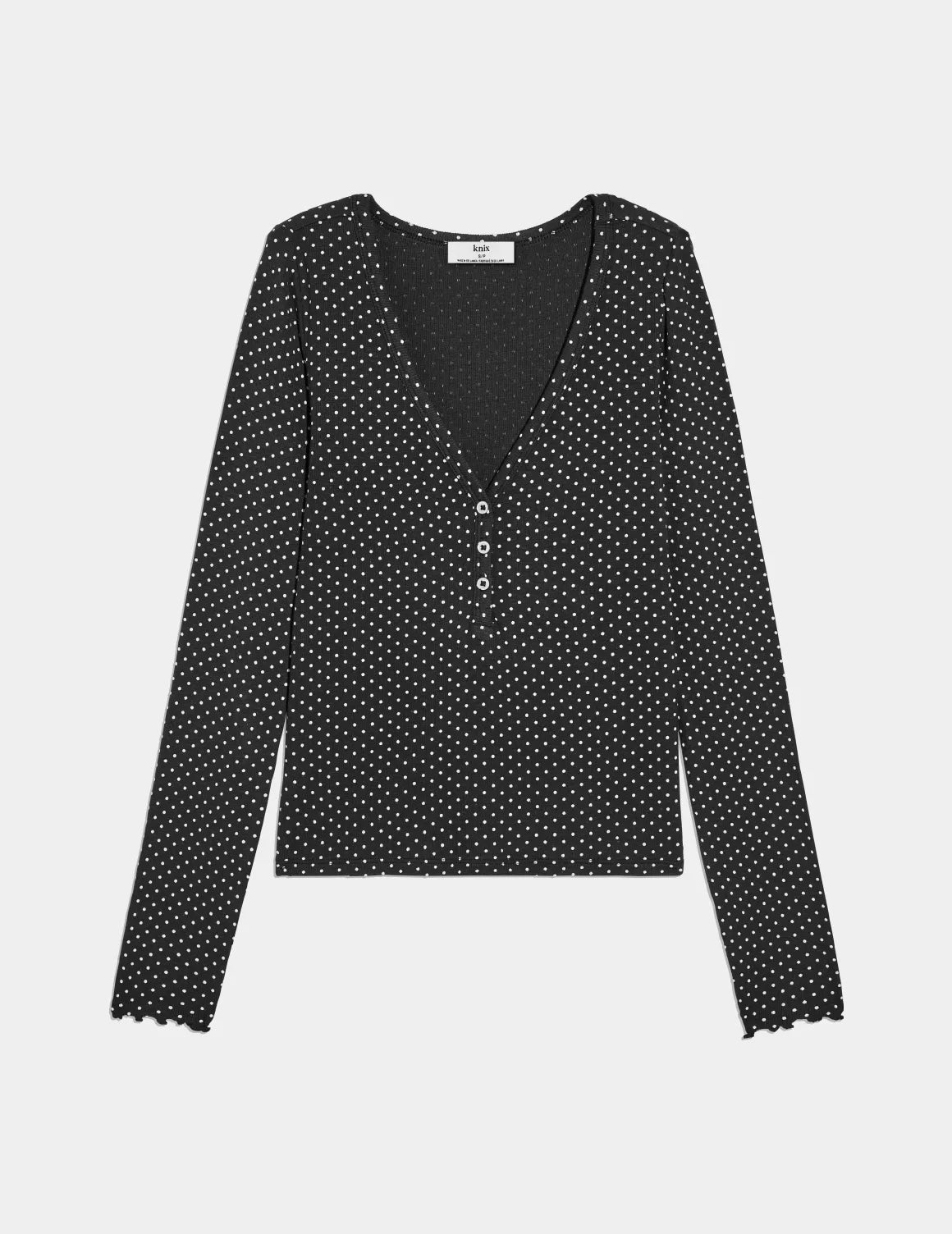 Modal Rib Long Sleeve Henley shown front-facing against a light gray background – Black with White Polka Dot – view 10 of 17