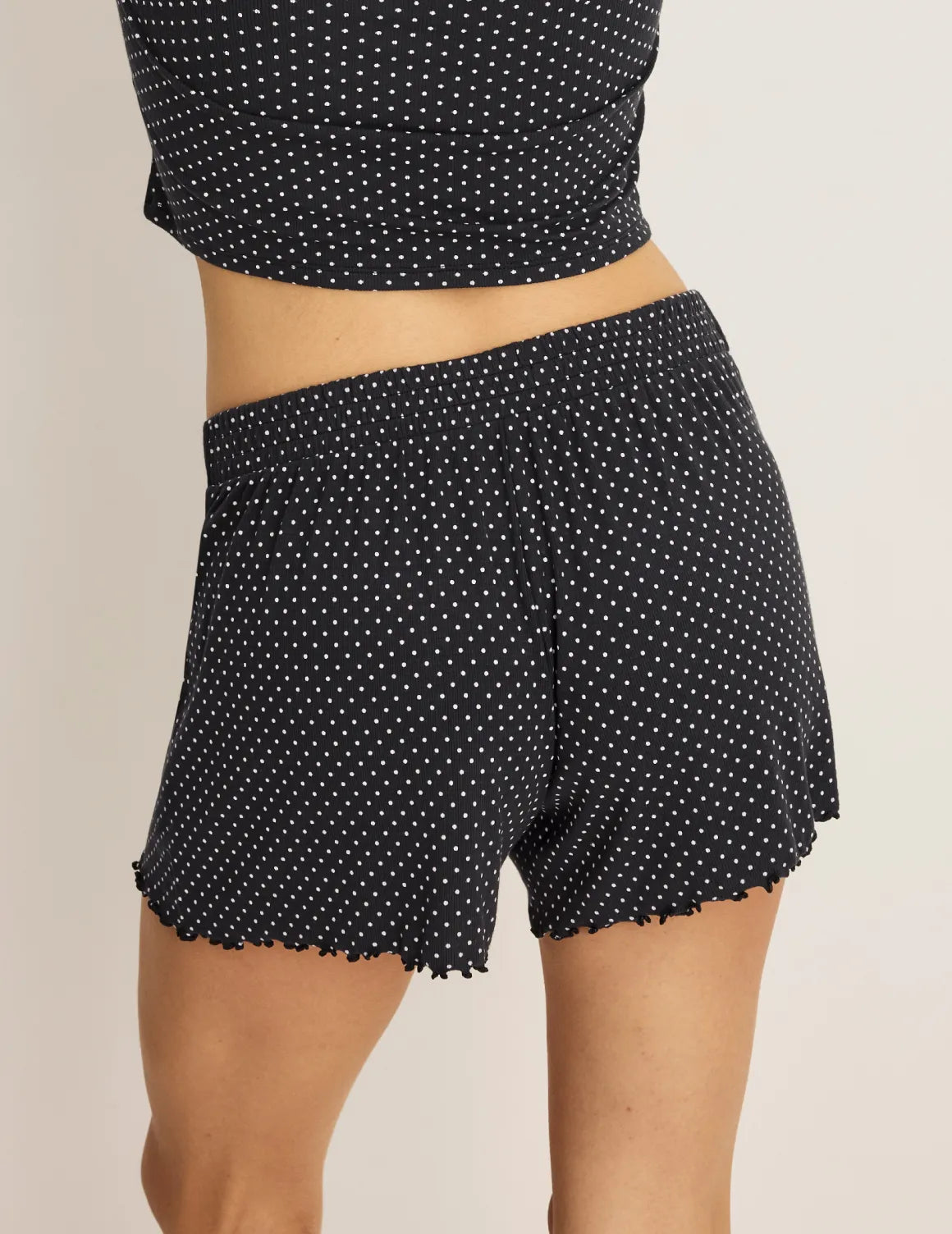 Back view of model wearing the Modal Rib Short highlighting the coverage and fit – Black with White Polka Dot – view 12 of 16