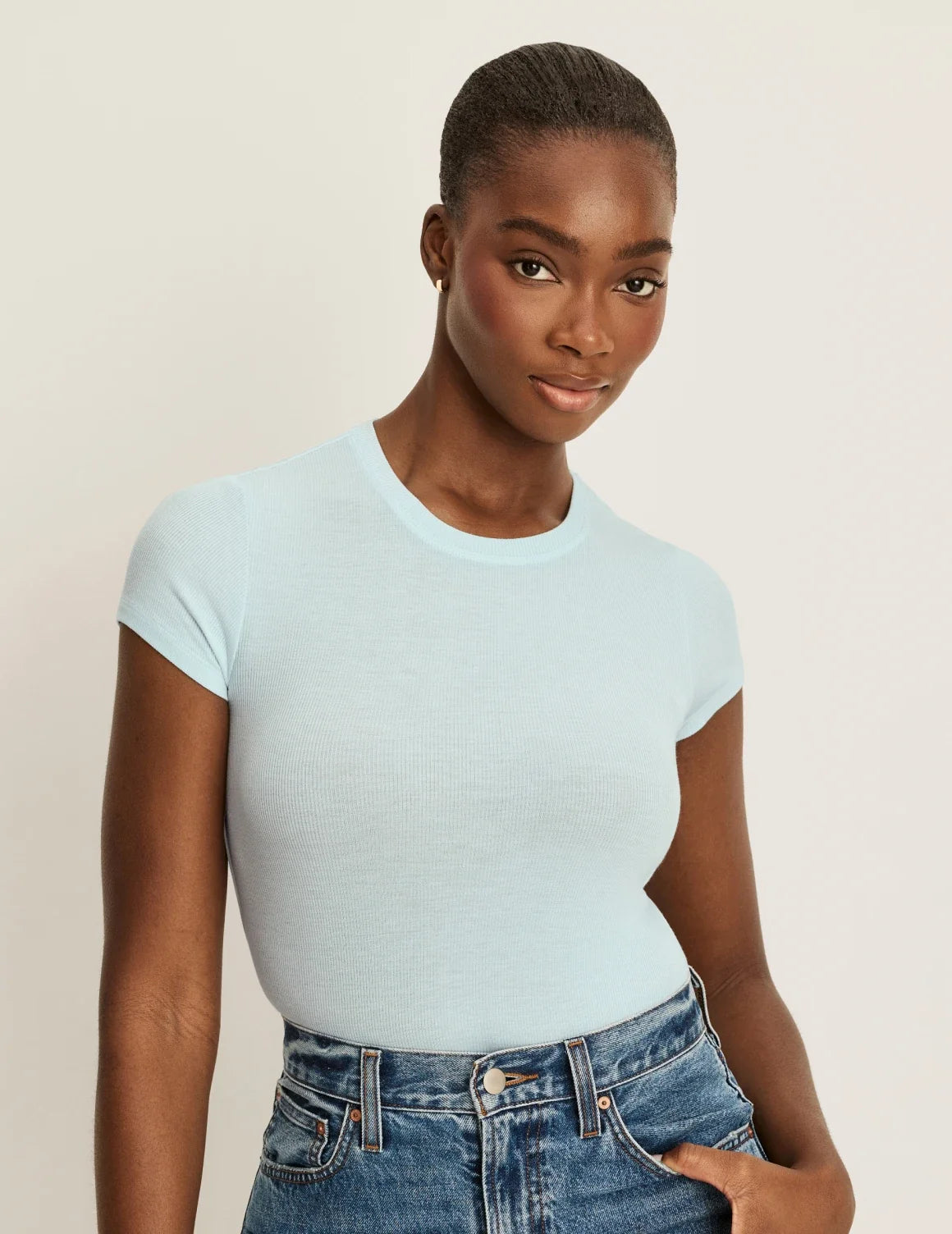 Front view of model wearing the Modal Rib T-Shirt highlighting the coverage and fit – Blue Light – view 6 of 48