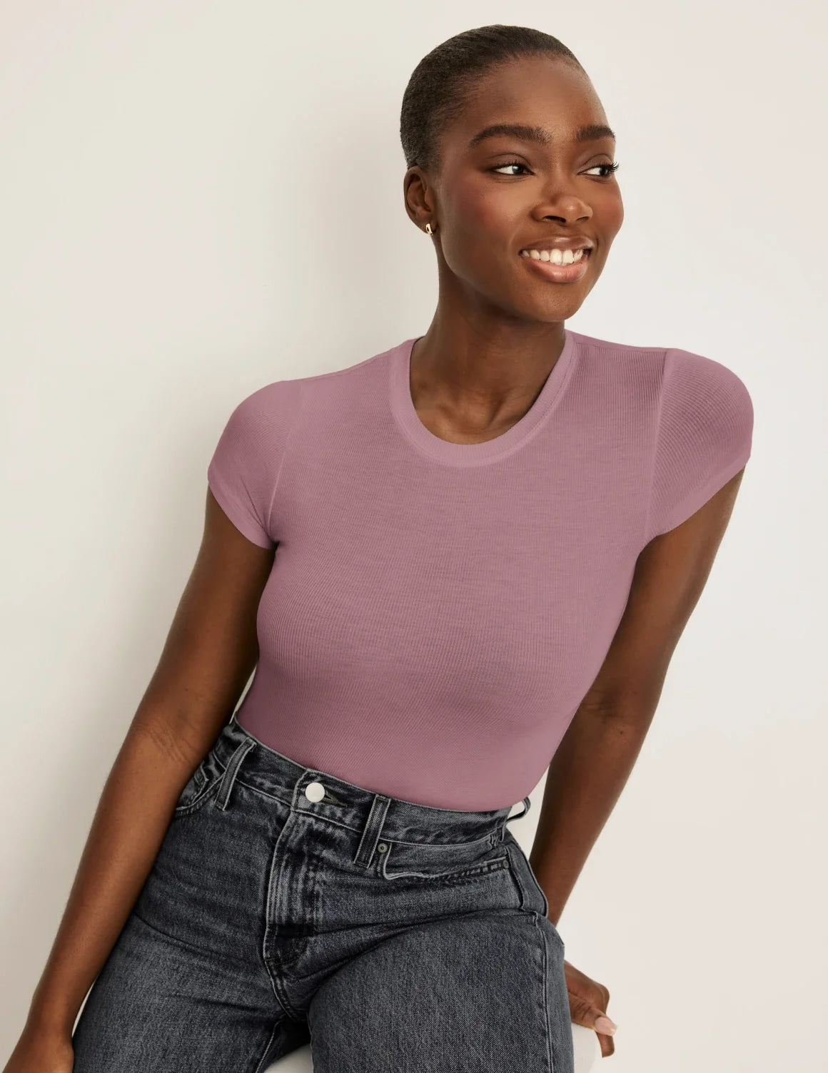 Front view of model wearing the Modal Rib T-Shirt highlighting the coverage and fit – Dusty Pink – view 9 of 48