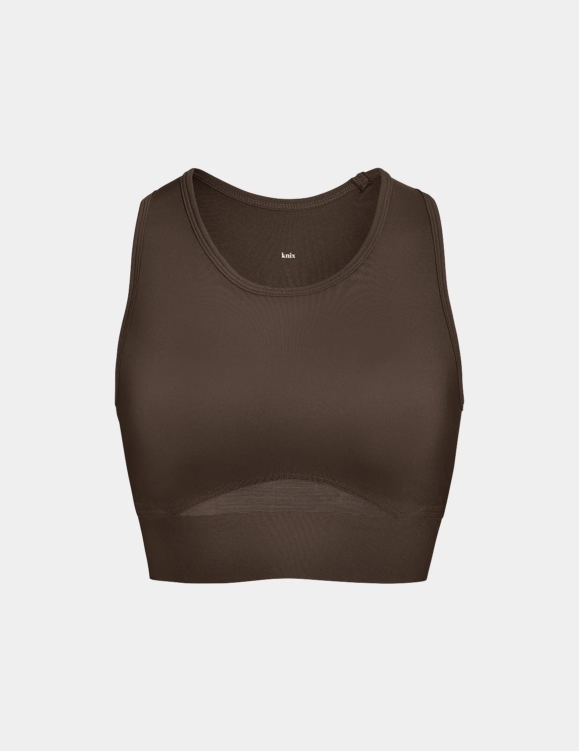 View of Momenta Racerback Sports Bra shown front-facing against a light gray background – Espresso – view 6 of 21