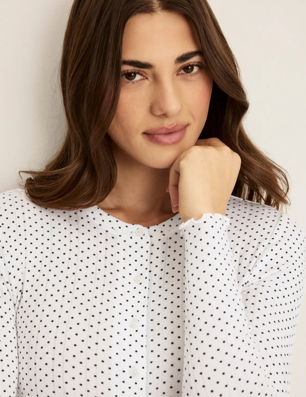 Front view of model wearing the Pointelle Cardigan highlighting the coverage and fit – White with Black Polka Dot – view 8 of 19
