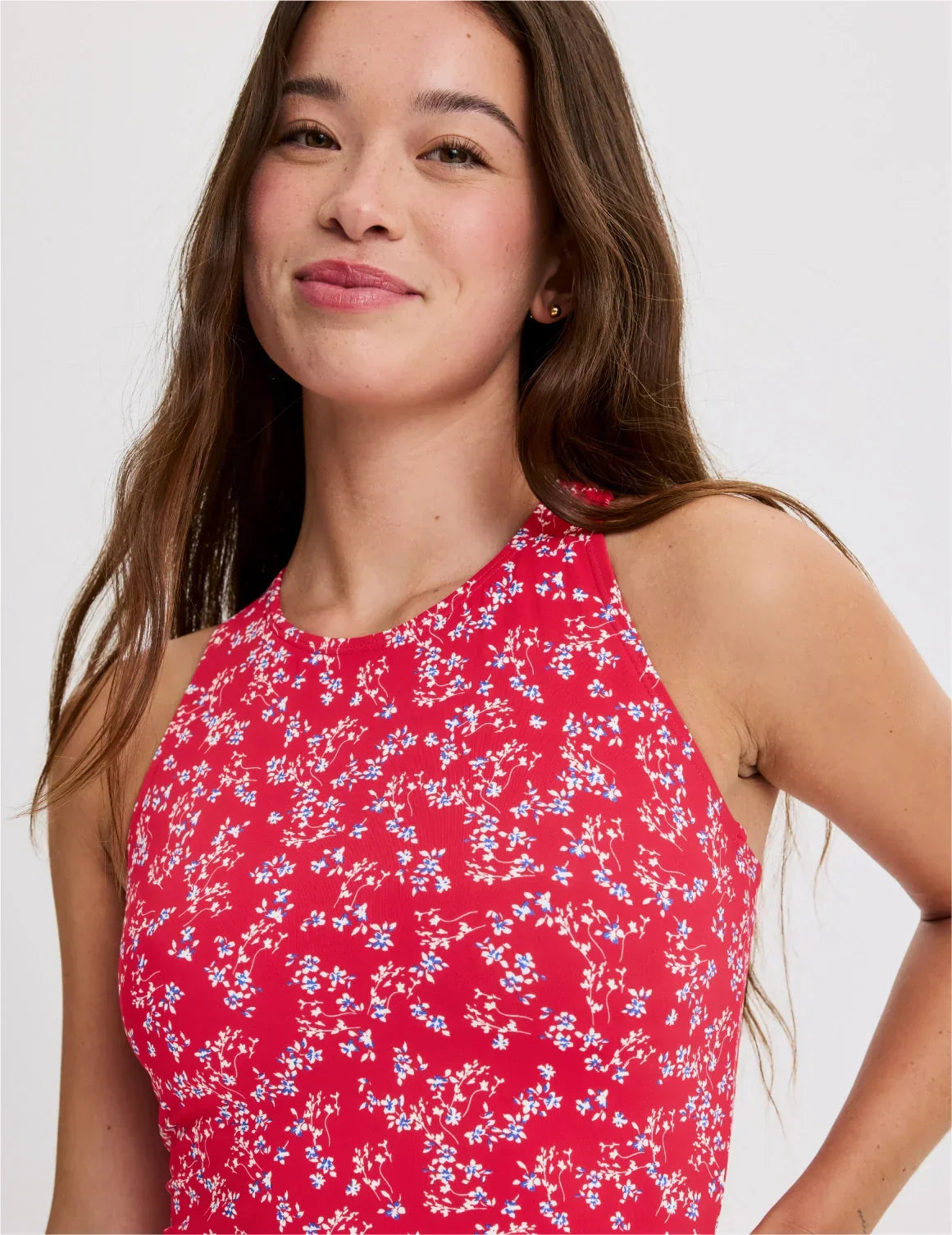 Front view of model wearing the Teen Racerback Tankini Swim Top highlighting the coverage and fit – Poppy Petal – view 11 of 45