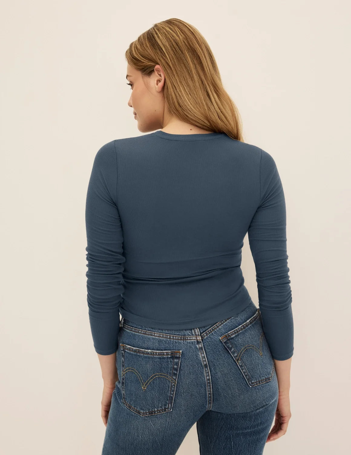 Back view of model wearing the Modal Rib Long Sleeve highlighting the coverage and fit – Twilight Navy – view 9 of 21