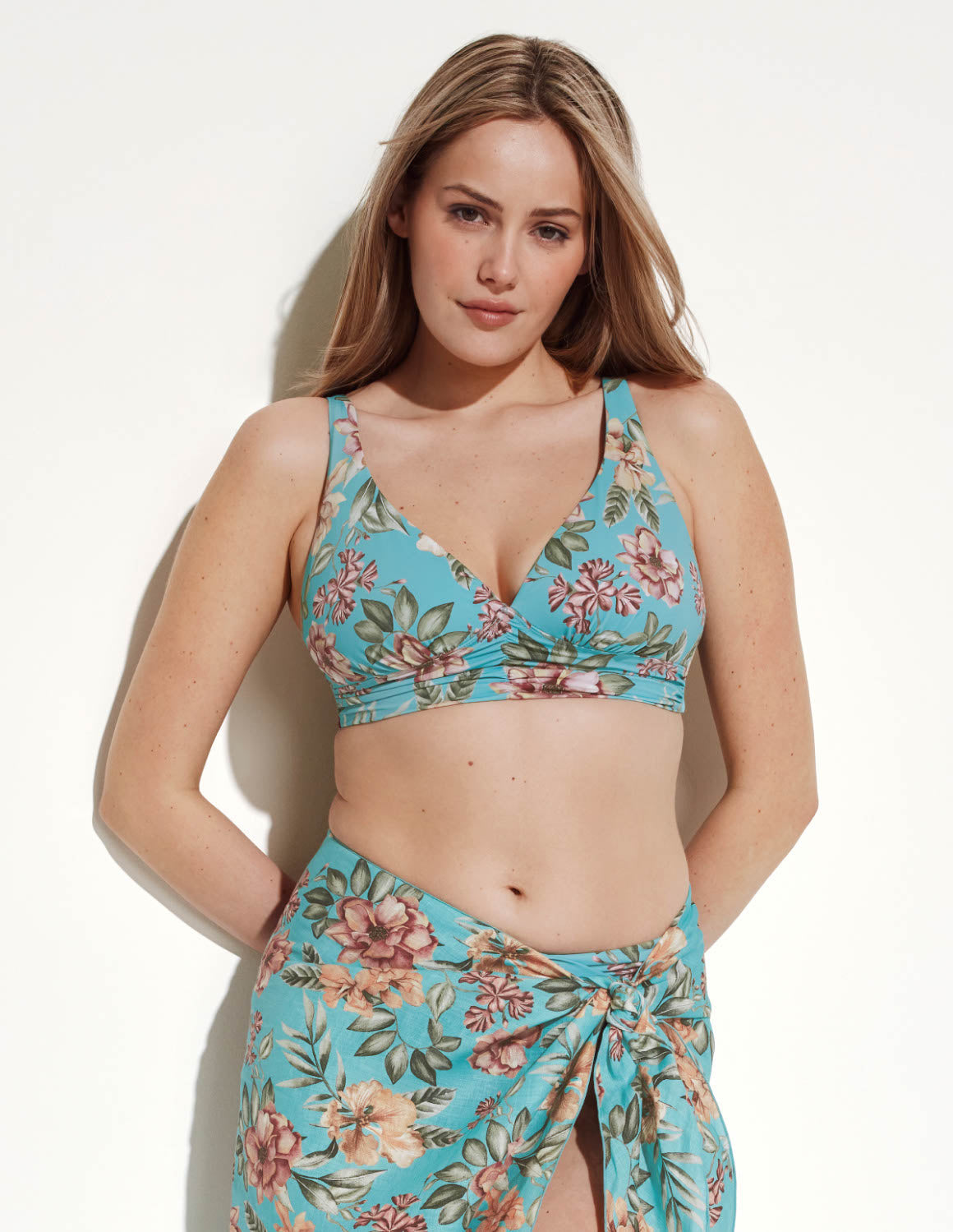 Front view of model wearing the Crinkle Linen Sarong highlighting the coverage and fit – Lotus – view 12 of 13