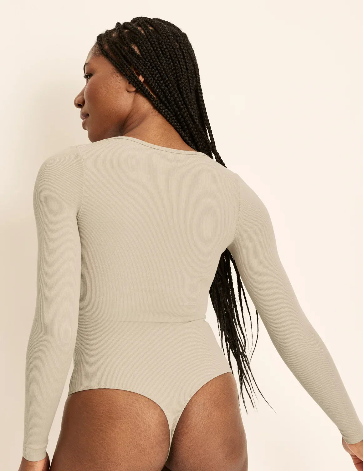Back view of model wearing the SculptRib™ Cotton Bodysuit highlighting the neckline, fabric and hugging fit – Fawn – view 9 of 13