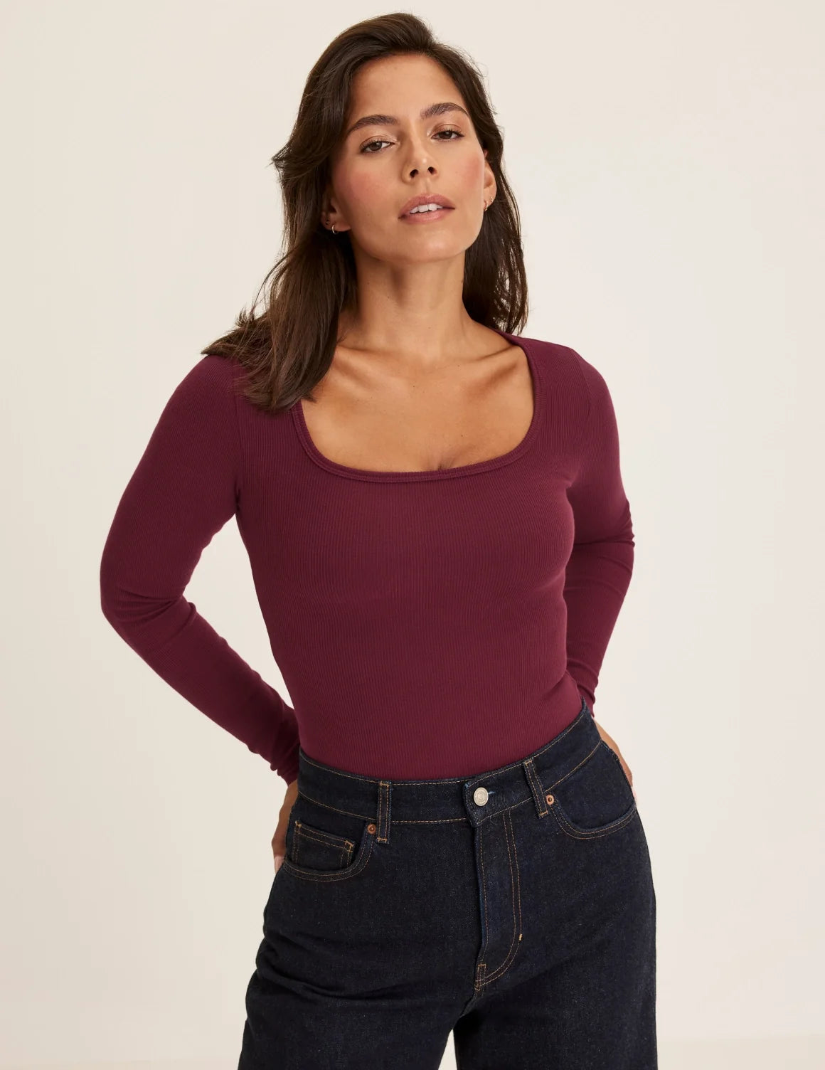 Front view of model wearing the SculptRib™ Cotton Long Sleeve Top highlighting the neckline, fabric and hugging fit – Dark Cherry – view 5 of 24