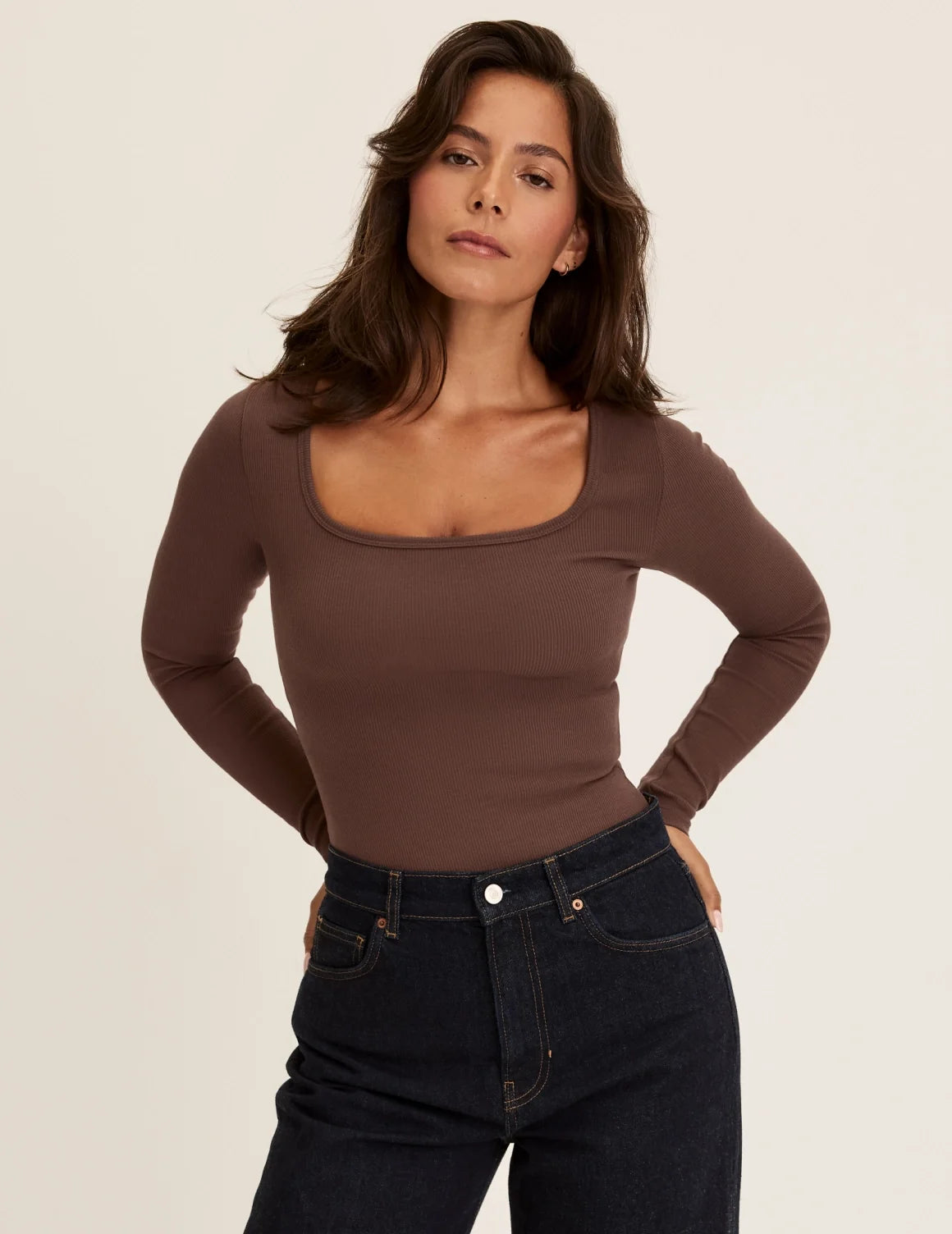 Front view of model wearing the SculptRib™ Cotton Long Sleeve Top highlighting the neckline, fabric and hugging fit – Espresso – view 10 of 24