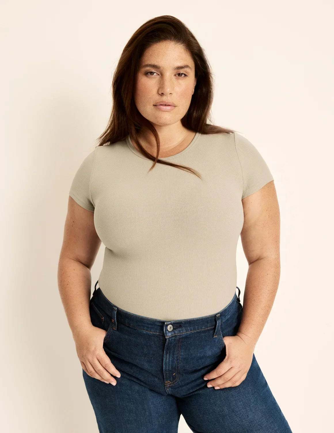 Front view of model wearing the SculptRib™ Cotton T-Shirt highlighting the neckline, fabric and hugging fit – Fawn – view 2 of 19