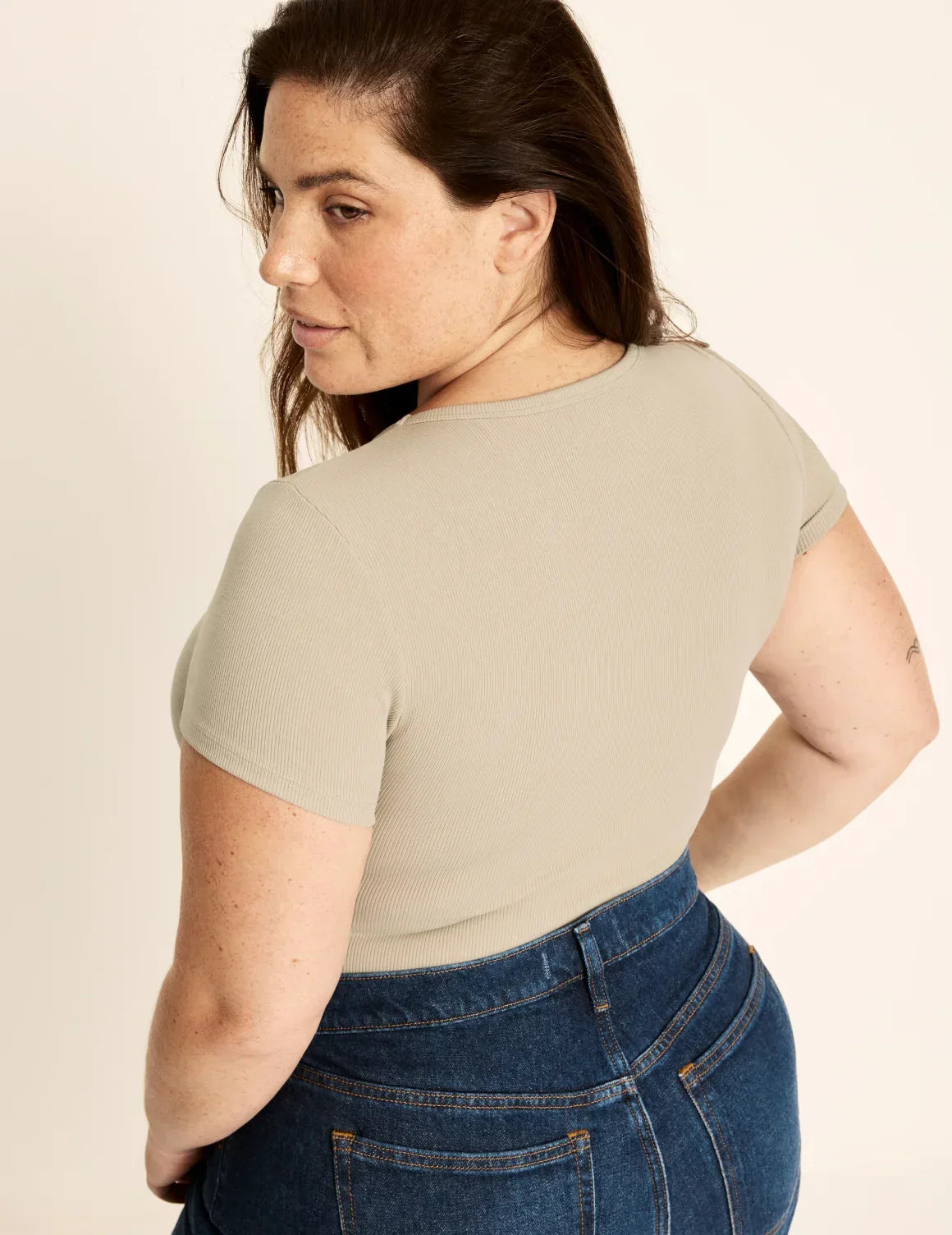 Back view of model wearing the SculptRib™ Cotton T-Shirt highlighting the neckline, fabric and hugging fit – Fawn – view 10 of 19