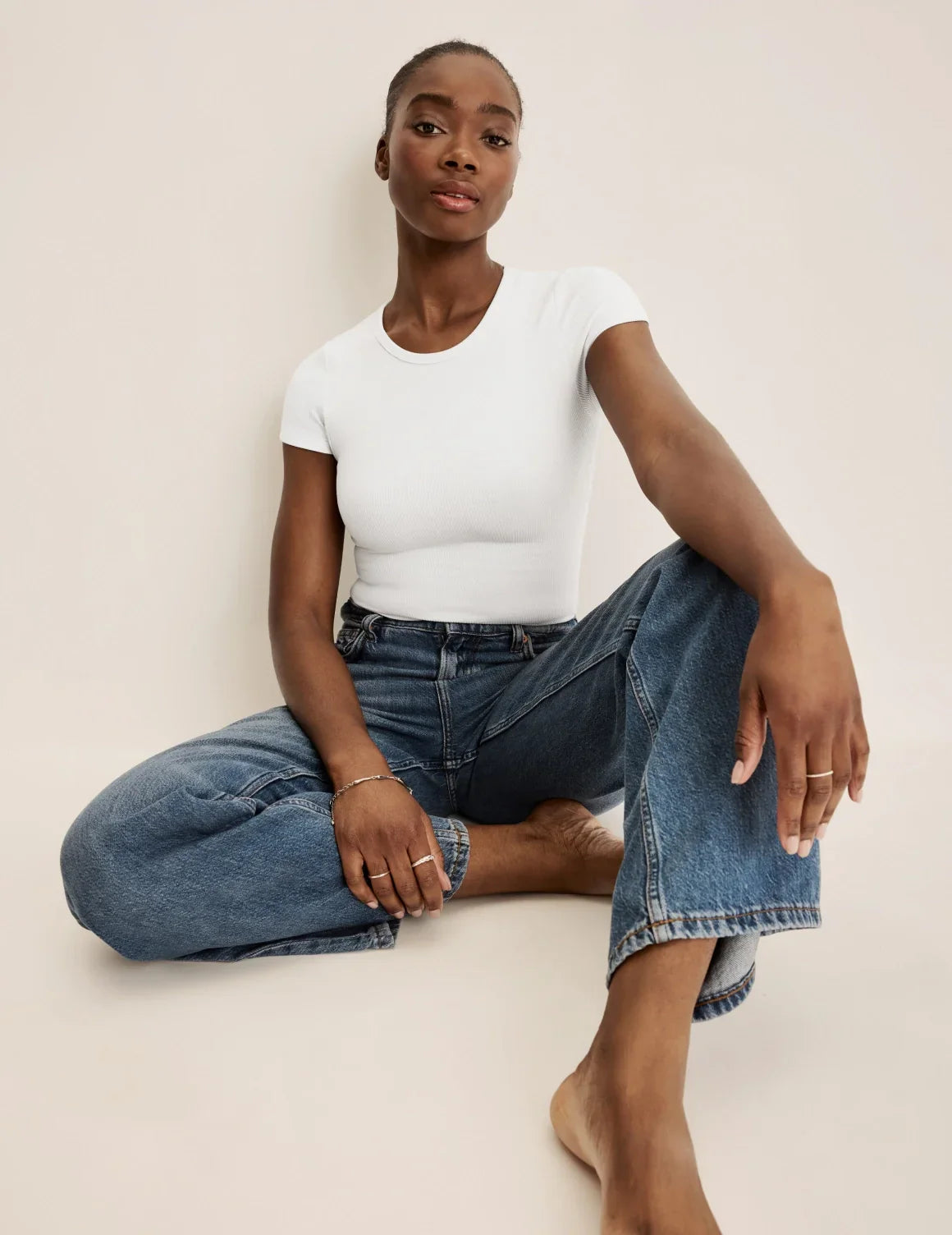 Front view of model wearing the SculptRib™ Cotton T-Shirt highlighting the neckline, fabric and hugging fit – White – view 3 of 19