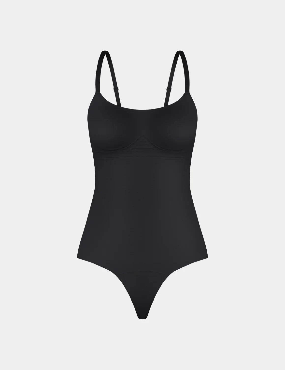 Customizable Shaper Thong Bodysuit shown front-facing against a light gray background – Black – view 4 of 15